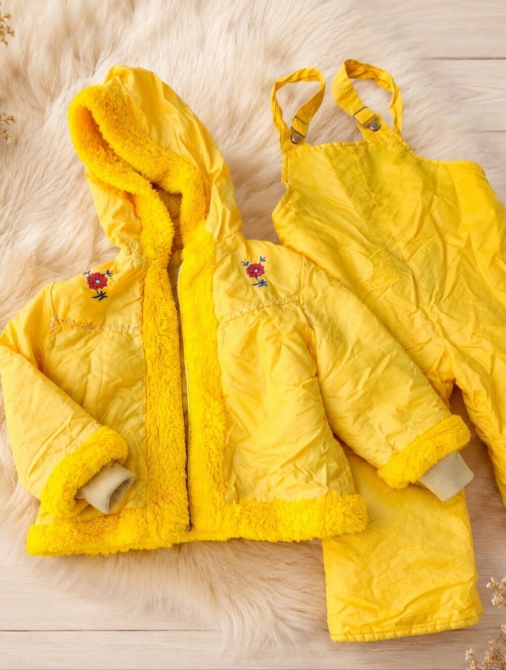 Vintage 60s Sears Bright Yellow Sherpa Trim Embroidered Jacket & Overalls Set